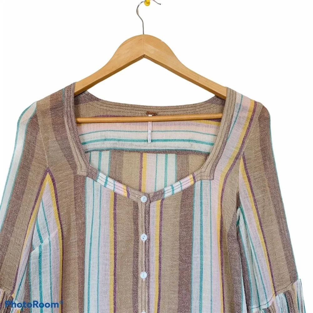 FREE PEOPLE Size S Gauze Button Down Stripe Cotton Blouse Wide Pleated Sleeve